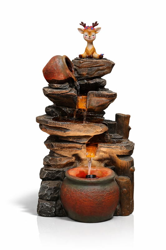 3 Layer 25 inch Rock Fiber Water Fountain by Tanvish Decor. Suitable for Indoor and Outdoor Settings, Balcony, Sofa Corner, Living Room, Garden and Equipped with LED and Water Pump.