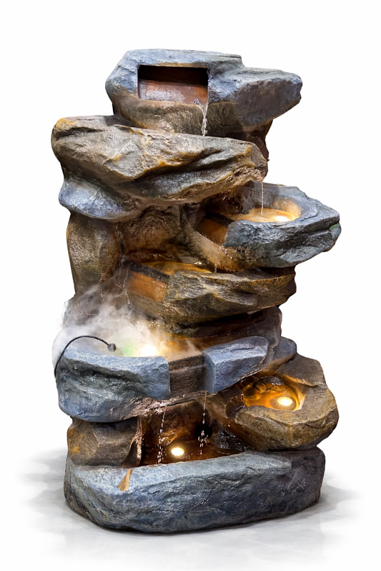 Cascading Rock Waterfall Fountain, Indoor Outdoor Decorative Water Feature, Grey Stone Finish with LED Lights and Water Pump